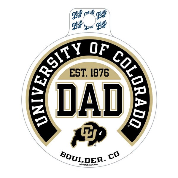 Circle shaped sticker with "University of Colorado" arched over large bolded "Dad" with "est. 1876" in-between and the CU buffalo logo below.